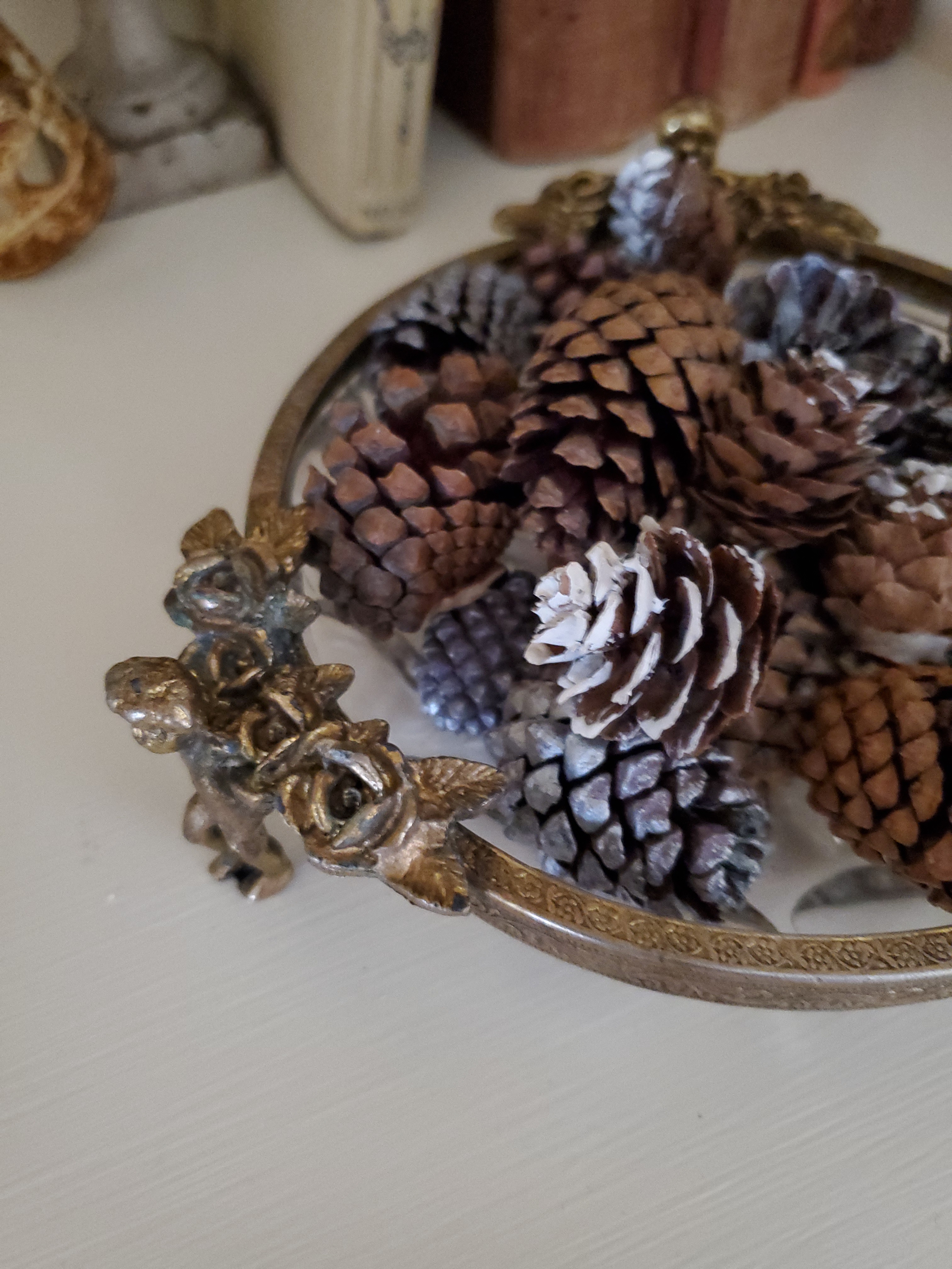 small pine cones in a Floretine dish