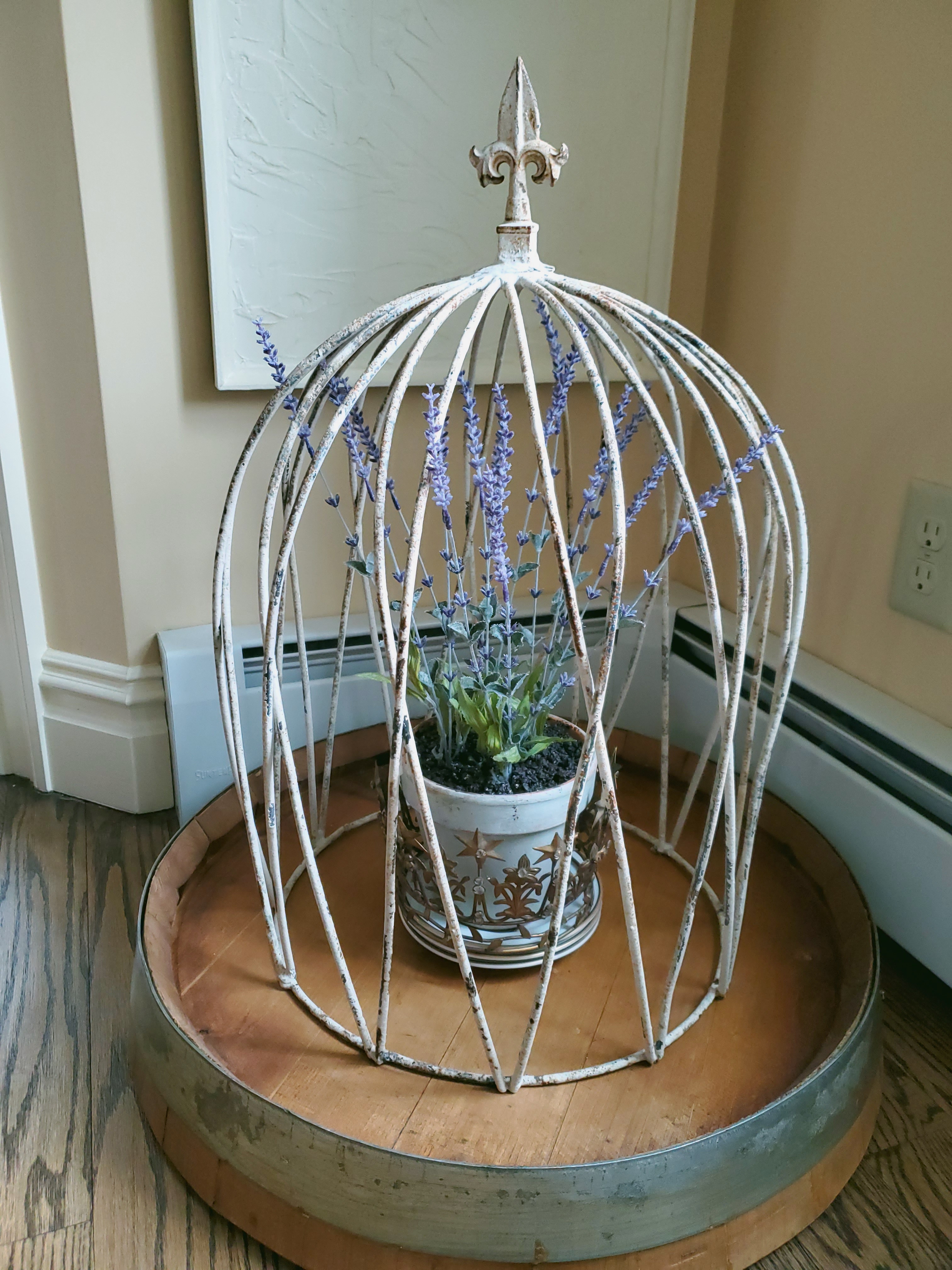 craft project inside a large cloche sitting on a wine barrel