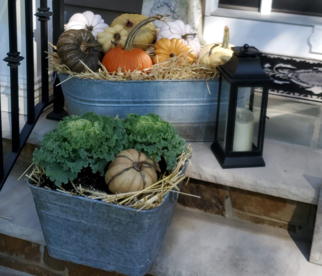 galvanized containers filled with flowering kale and small pumkins