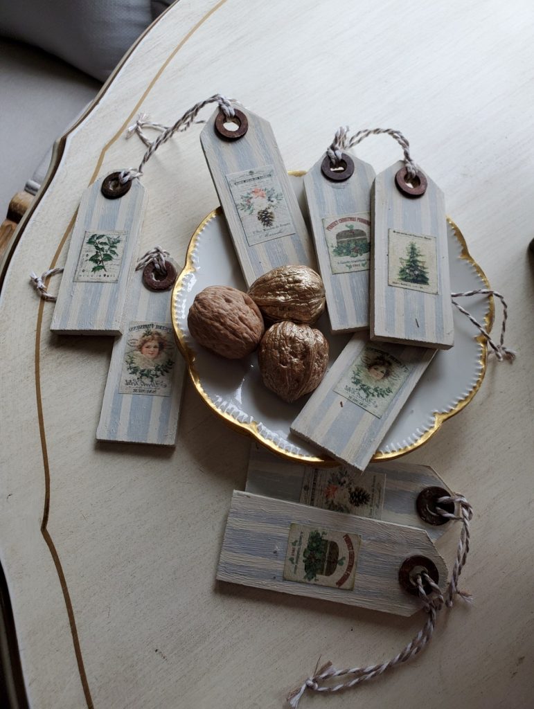 close up of wood gift tags I made for the Christmas Great room
