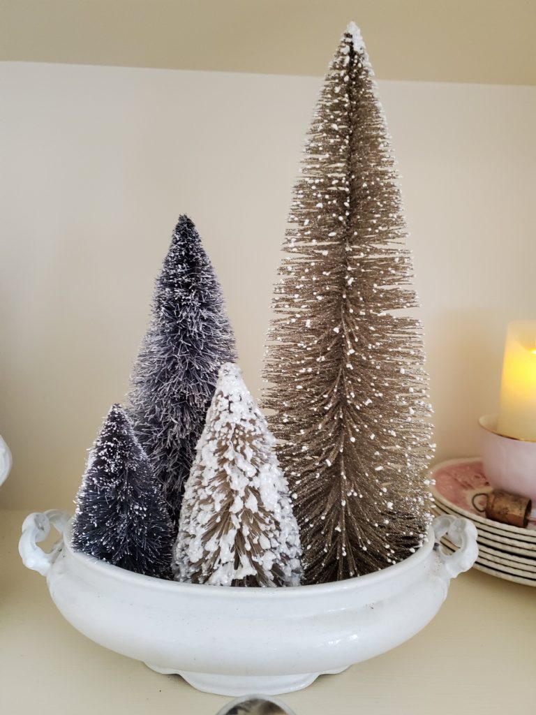 bottle brush trees in a soup tureen bottom