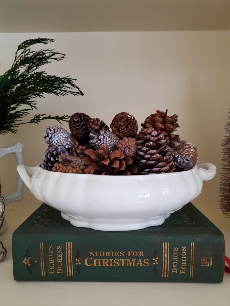 assorted pinecones fill a tureen bottolm on the shelves in the Christmas Great Room