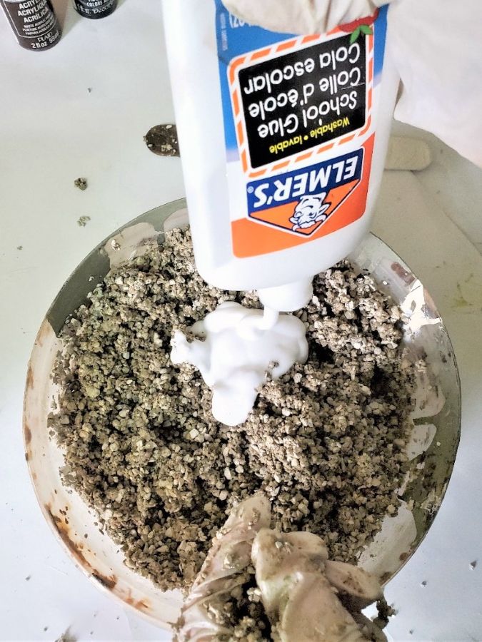 make fake dirt-fast-diy- that-looks-real-adding-glue-featured-image