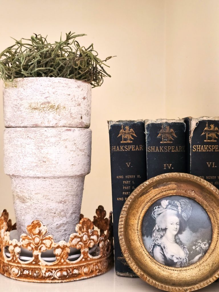 hurry-easily-age-terracotta-pots-using-lime-white-flowerpots-filled-with-green-spanish-moss-sitting-in-a-crown-with-an-old-picture