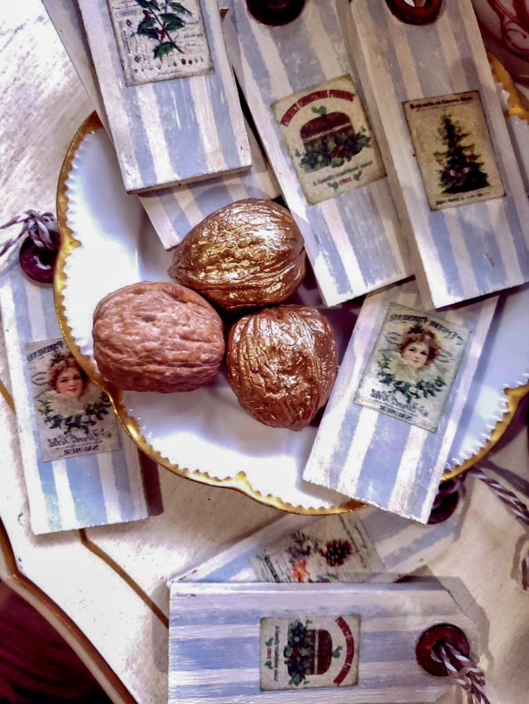 Christmas gift tags finished with walnuts