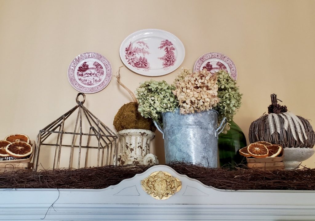 pumpkins, dried hydrangeas, red transferware hanging on the wall