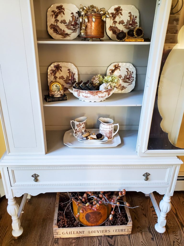 Another close up of how to add natural fall decor. The inside of the hutch
Crate under the hutch