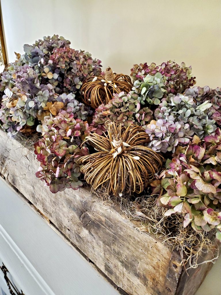 close up crate filled with dry hydrangea for natural fall decor