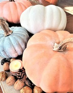 chalk-paint-on-pumpkins-is-a-sustainable-choice-close up of finished project as a centerpiece