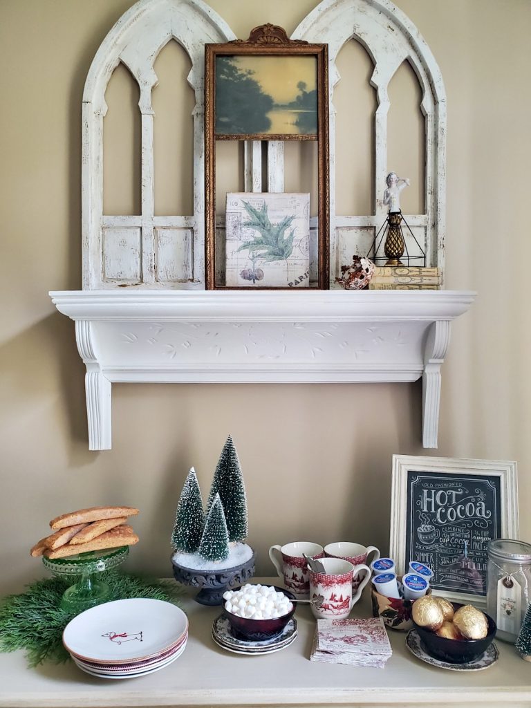 showing a further away picture of the hot chocolate bar.  Small mantle above