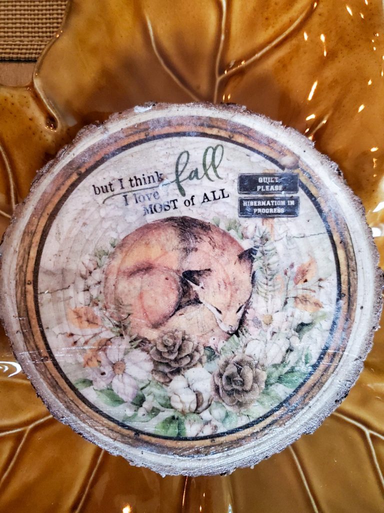 One DIY wood coaster finished with a fall image of a Fox