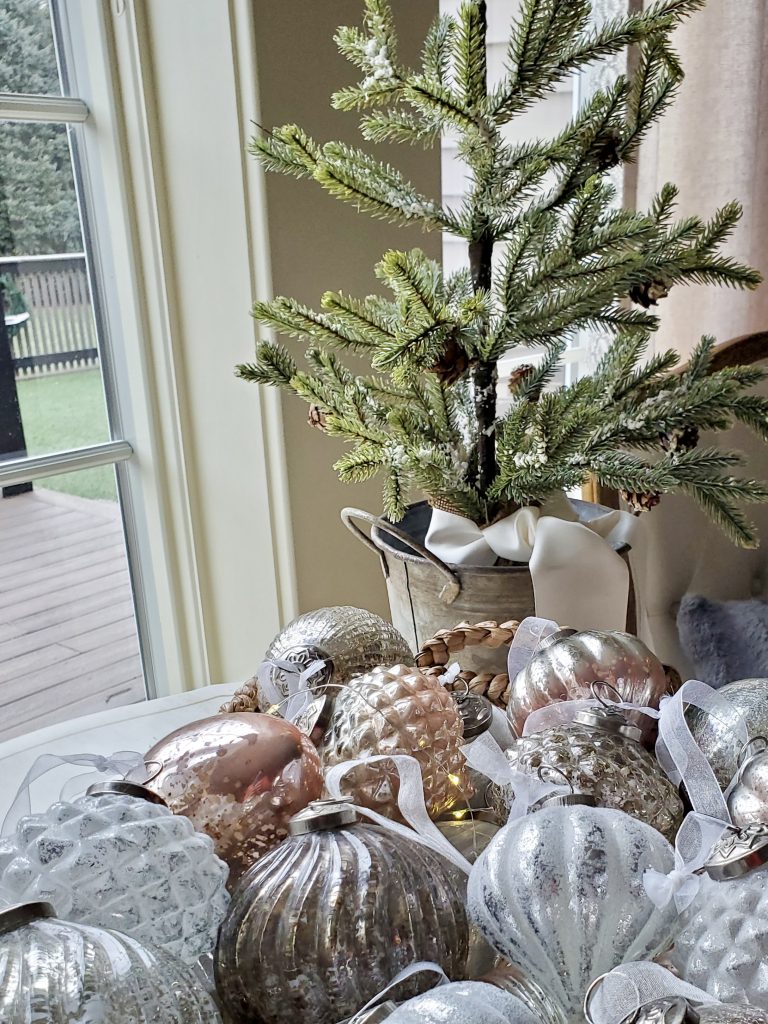 a closeup of the Christmas ornaments