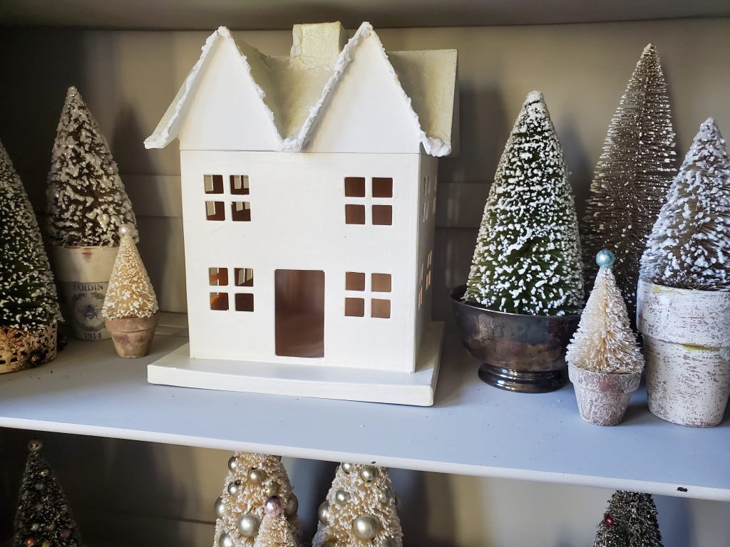 large snowy house with bottle brush trees for my vintage French Christmas