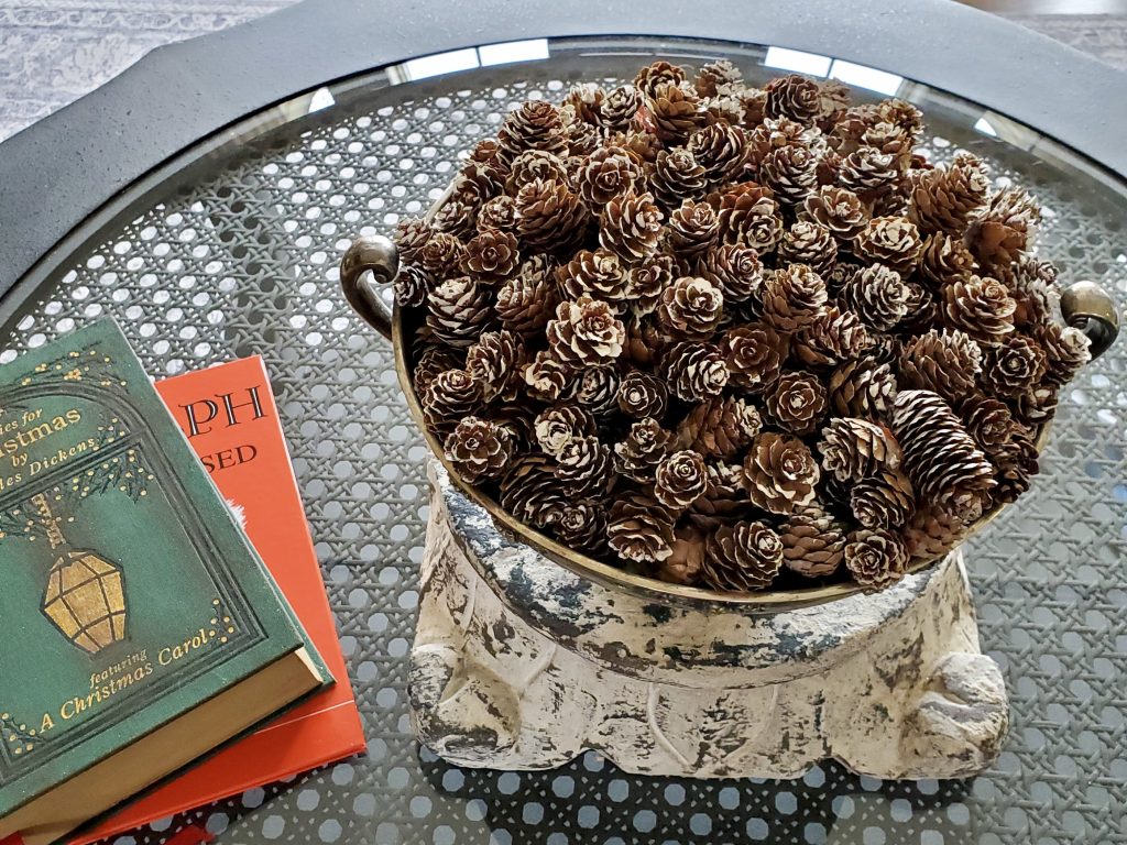 another picture of pinecones in a silver bowl