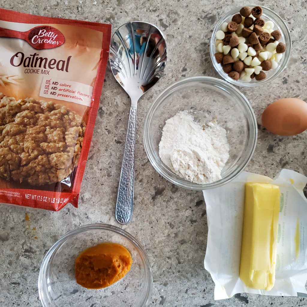 Bewtty Crocker oatmeal cookie mix, pumpkin, flour, 1 egg, 1 stick of butter and chips for the Oatmeal pumpkin chip cookies