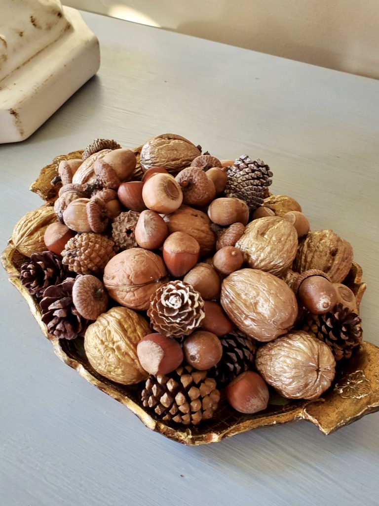 close up of walnuts, acorns and pinecones on a dish