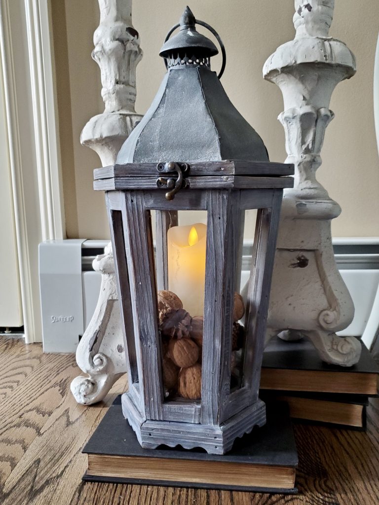 a lantern with a candle walnuts, pinecones and a book