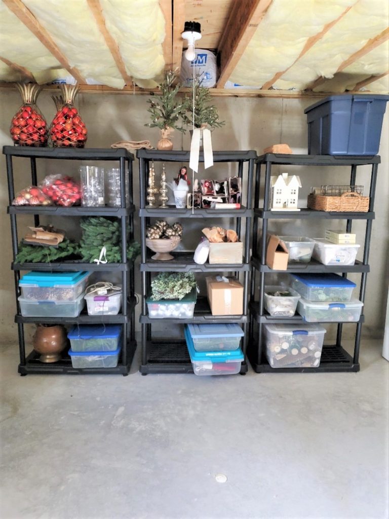 basement organization.   shelves and seasonal items
