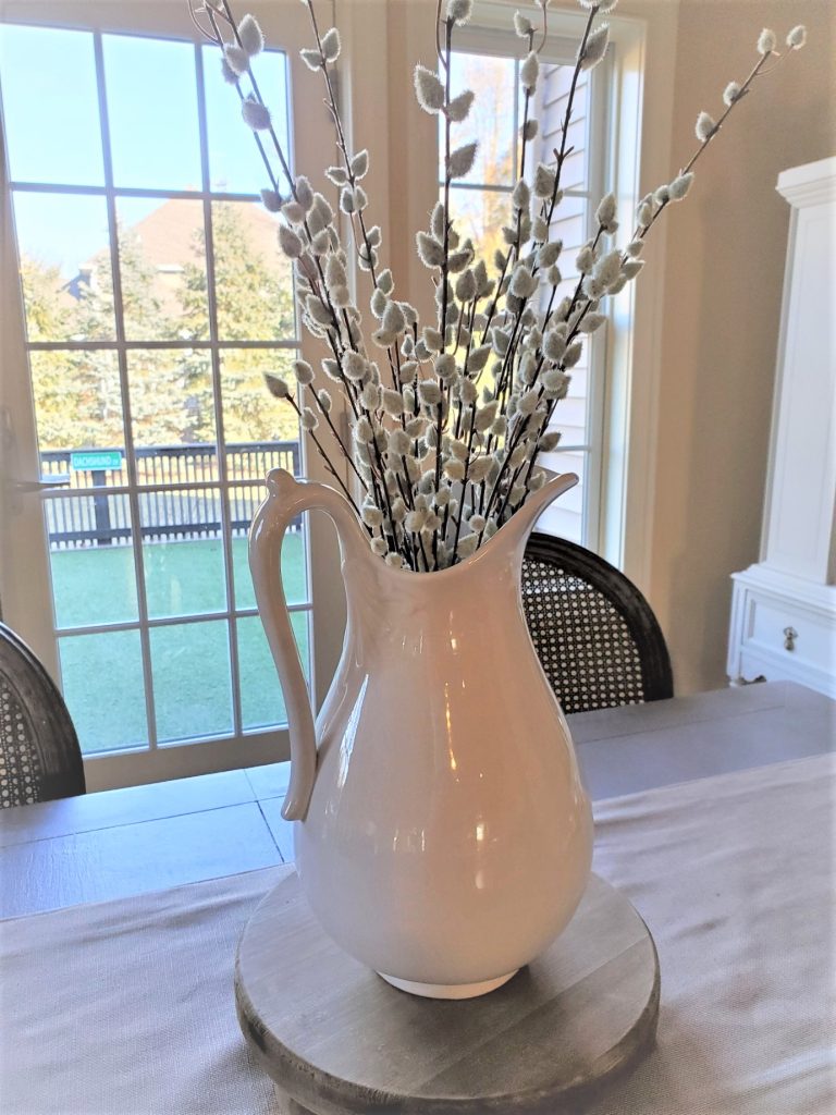Pussy willows filling the ironstone pitcher