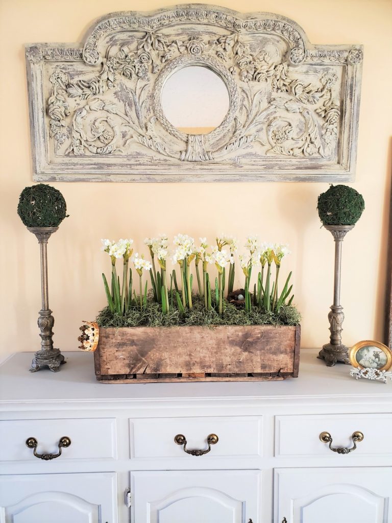 How to Make Easy Daffodil Centerpiece on my buffet with moss balls on candlesticks