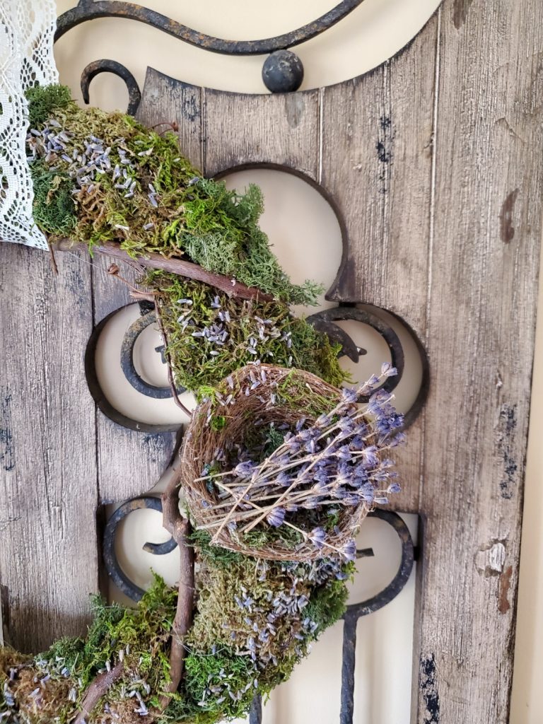 Adding Easy Spring Decorating in the Home wreath nest filled with dried lavender