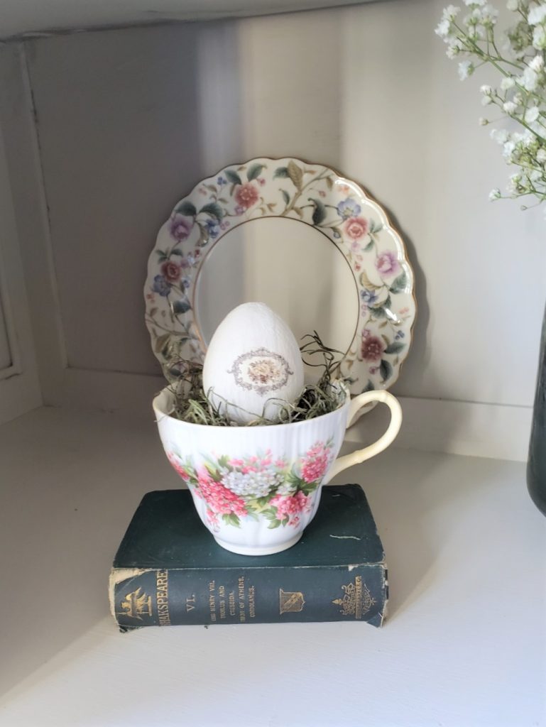 floral teacup filled with an egg I made