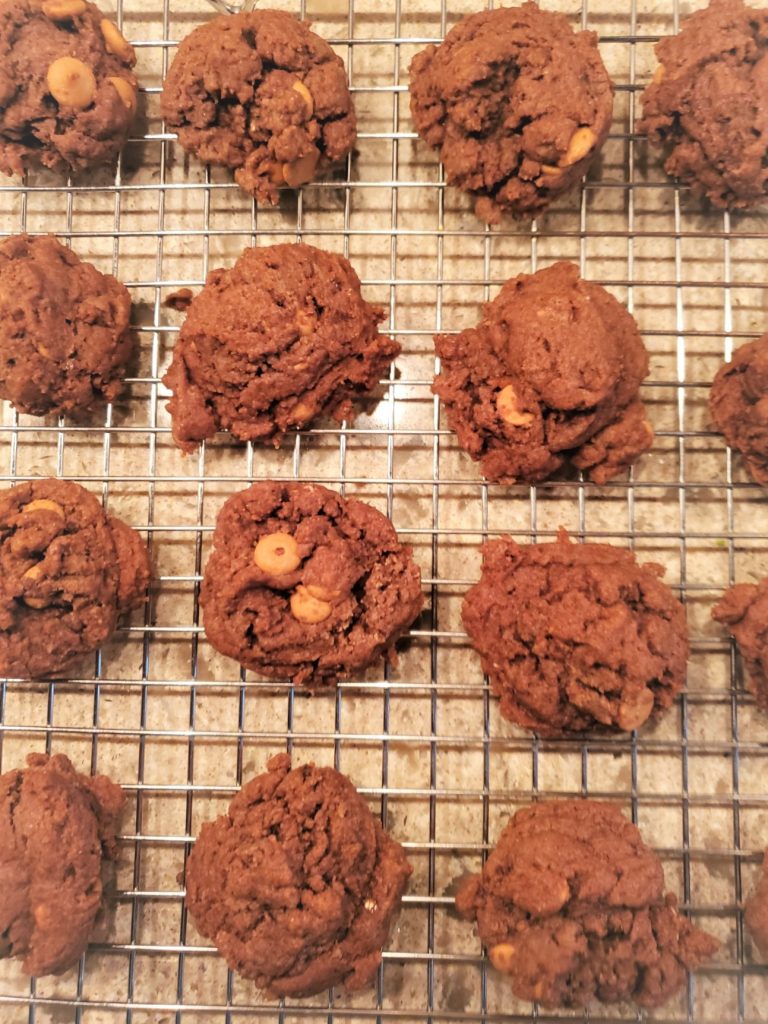 Easy Chocolate Peanut Butter Chip Cookies on cooling rack