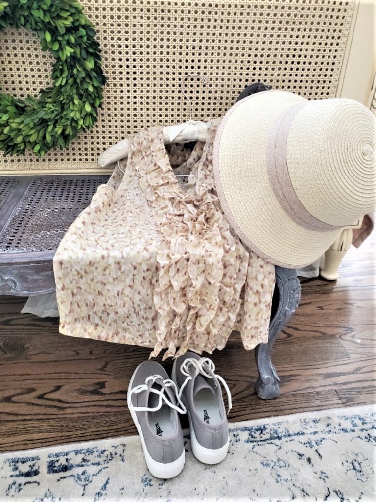 Everything You Need for an Amazing Indoor Garden Party straw hat, ruffle sleeveless blouse and keds