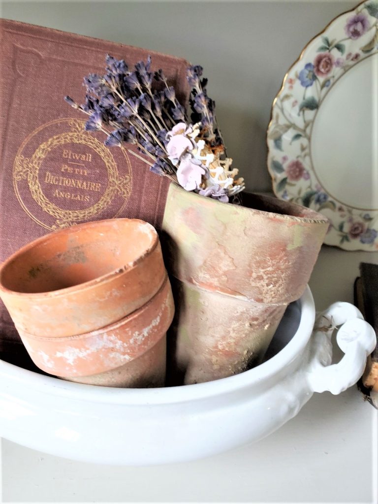 flowerpots in a tureen bottom with an antique book and dried lavender