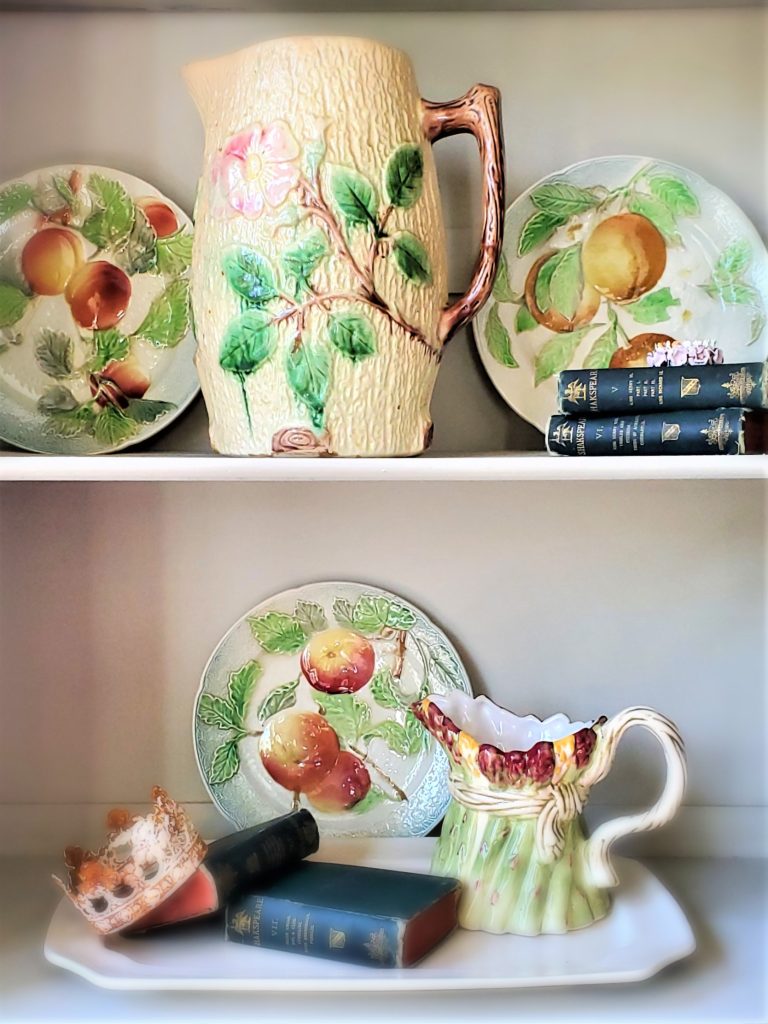 Our hutch filled with Majolica a simple lavender and vintage summer home tour 