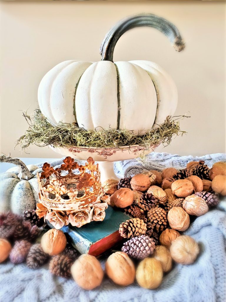 fall-centerpiece-ideas-on-a-budget-crown-small-pumpkin-large-pumpkin-book-nuts-in-shells-pinecones