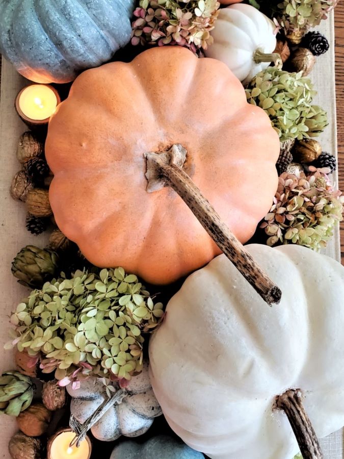 faux-pumpkins-with-hydrangeas-and-candles-dining-room-table-featured-image
