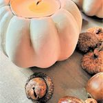 one pumpkin tealight lit with acorns