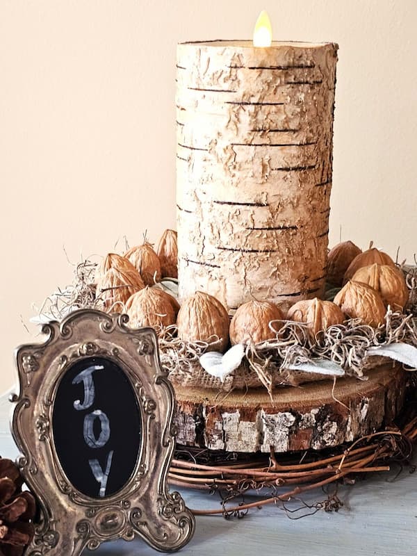 birch-bark-candle-wood-slabs-grapevine-silver-frame-pinecone