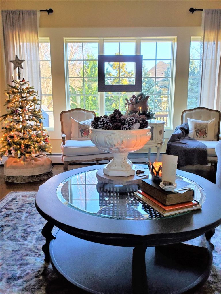 The Opposite Side of the Liiving Room with our Christmas Tree and French Chairs