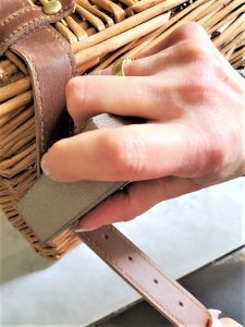 sanding-fake-leather-strap-for-diy-picnic-basket