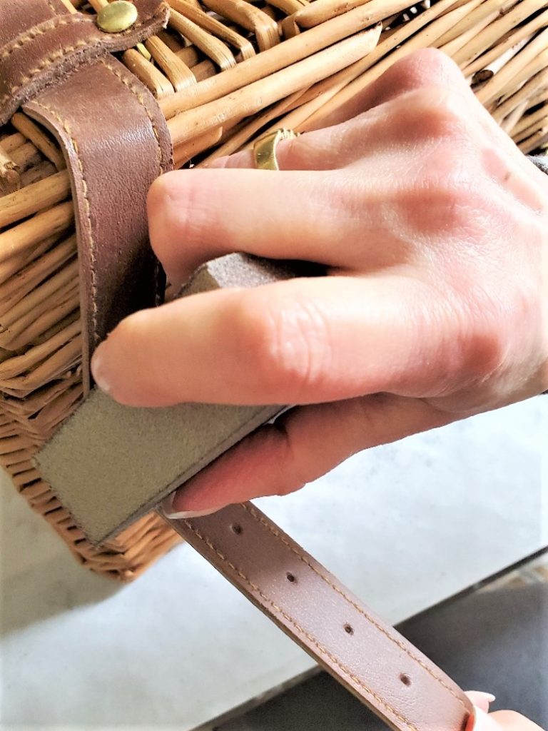 sanding-fake-leather-strap-for-diy-picnic-basket