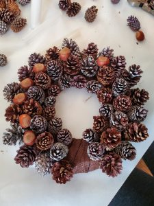 showing-some-of-the-hazlenuts-glued-between-pine-cones