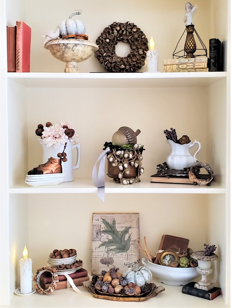 Bookshelf Decorated for Fall