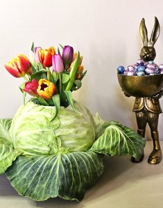 make-a-cabbage-vase-for-a-floral-arrangement-cabbage-leaves-vase-in-bowl-rabbit-chocolate-eggs