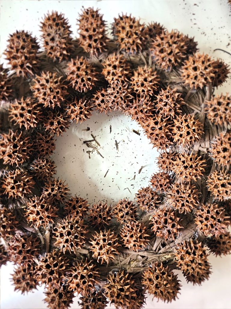showing-gaps-between-sweet-gum-balls-glued-to-wreath-form