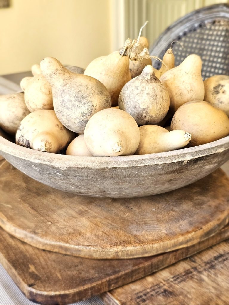 early-fall-decorating-ideas-for-a-cozy-home-dried-gourds-in-dough-bowl-on-breadboards