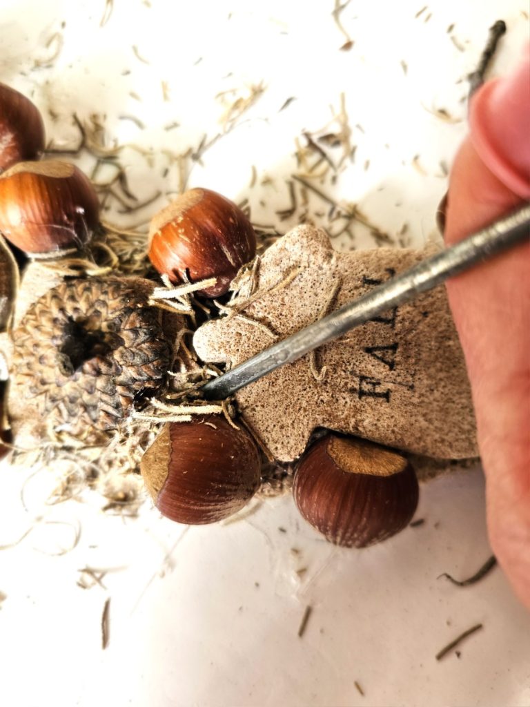 pushing-spanish-moss-between-nut-with-metal-skewer