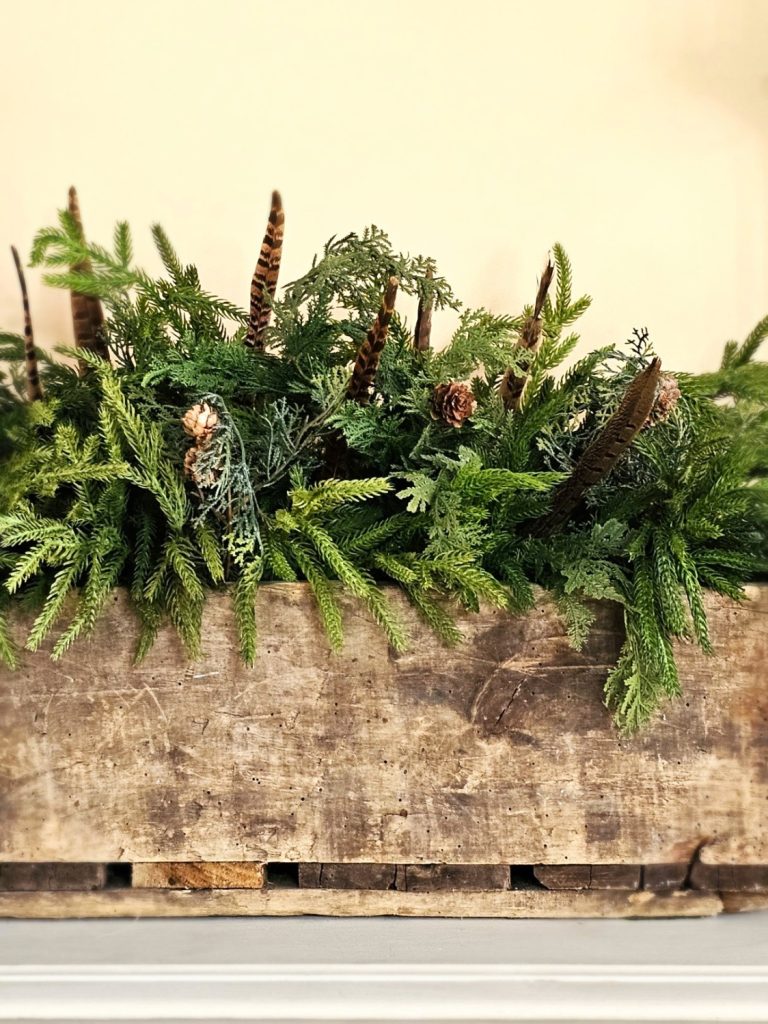 greens-with-pheasant-feathers-in-wood-crate