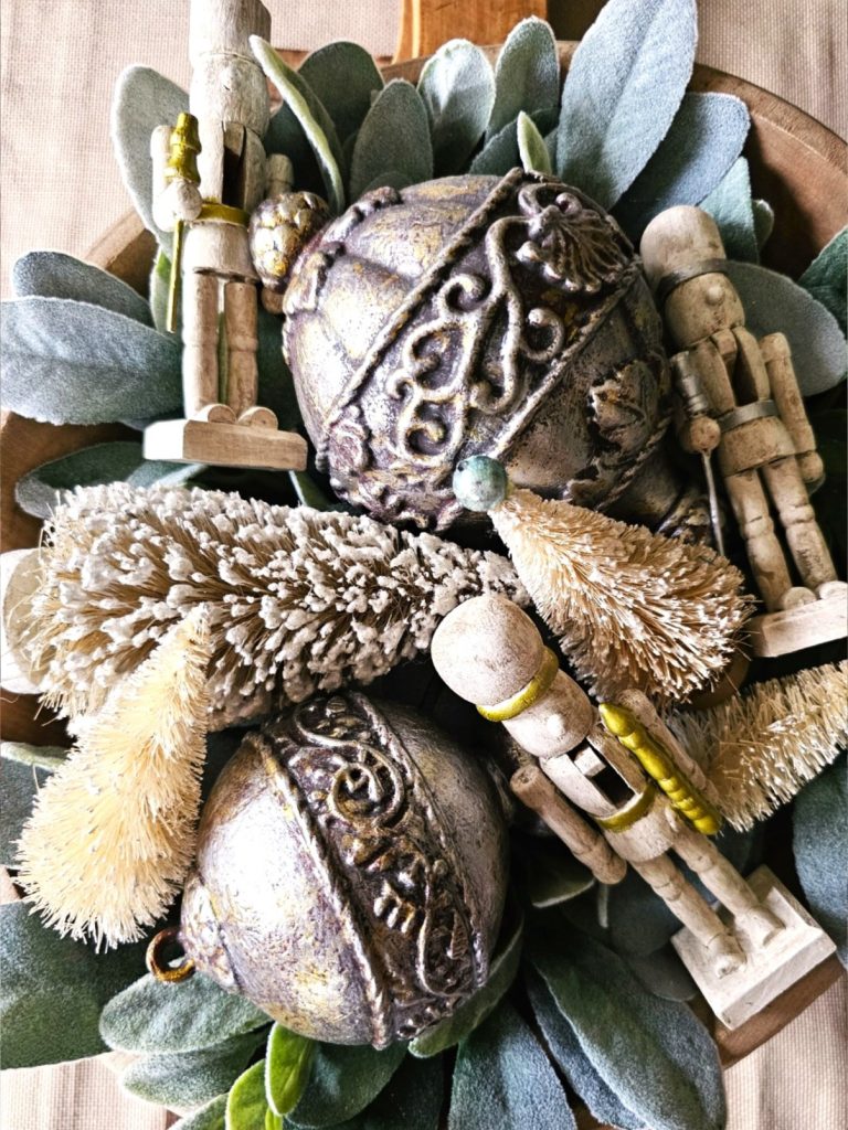 lambs-ear-vintage-ornaments-small-white-trees-small-nutcrackers-in-a-wood-bowl