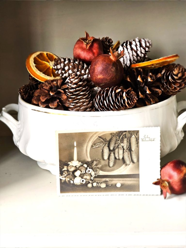 pinecones-oranges-pomegranate-old-post-card